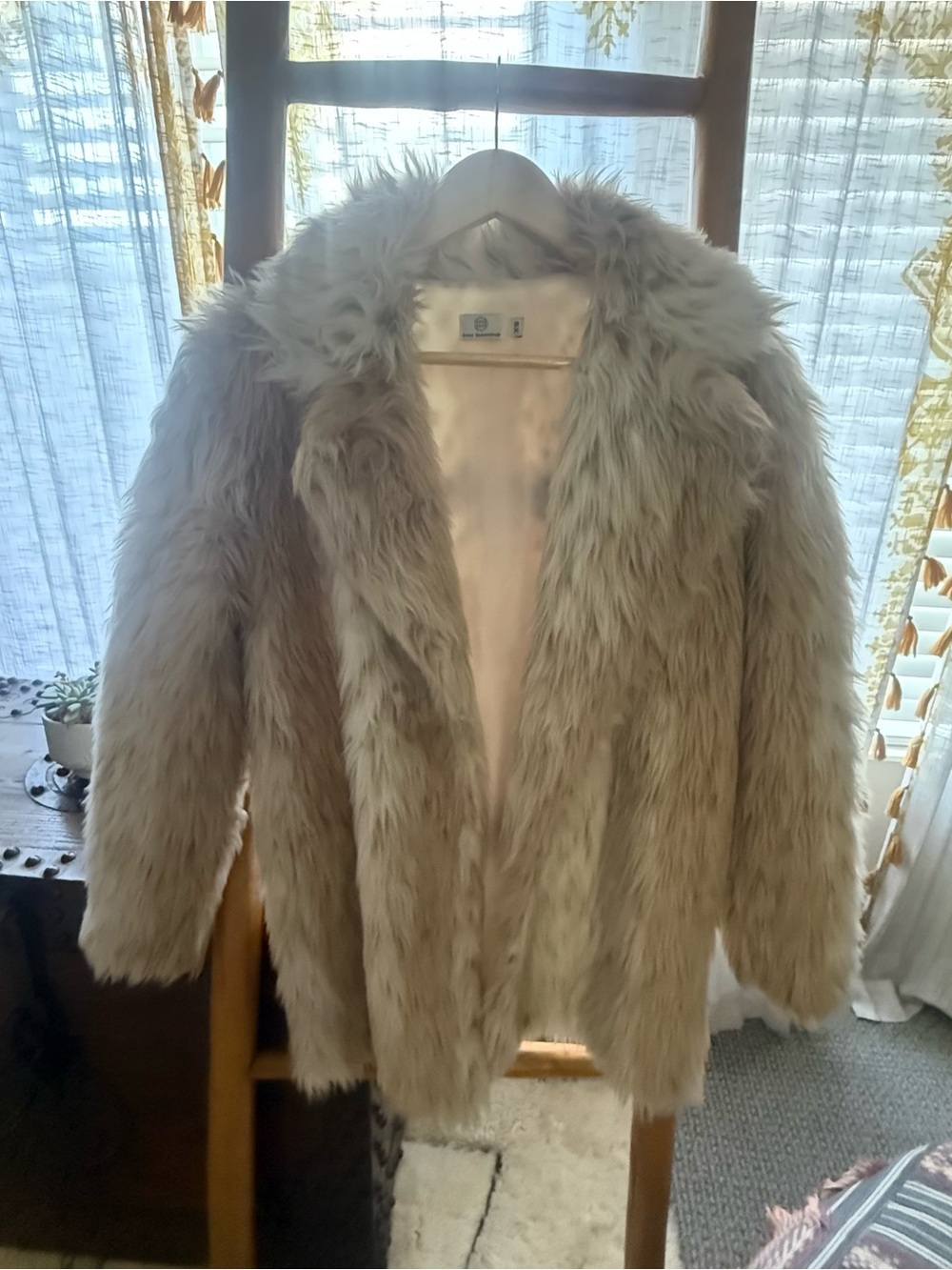 Beige Plush Teddy Faux Fur Coat - Women's Cozy Open Jacket